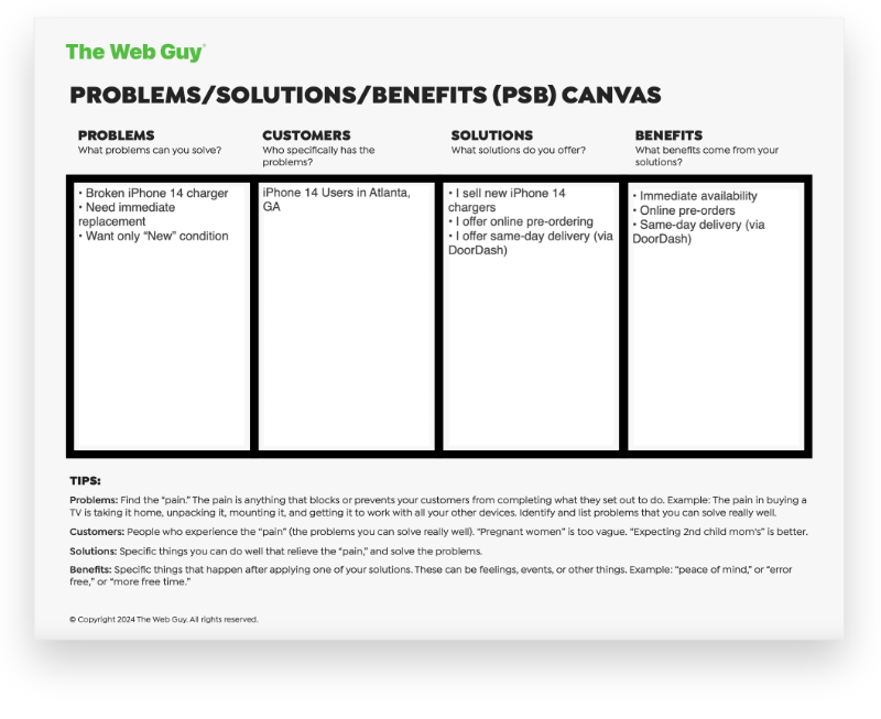 The Web Guy’s Problems/Solutions/Benefits Canvas Sample